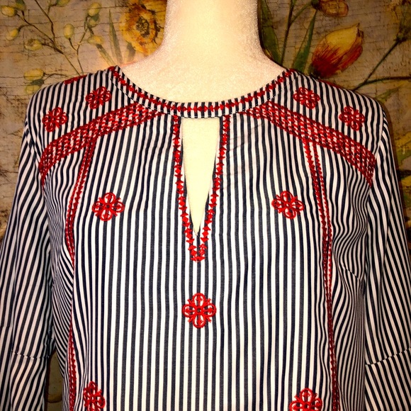 Sz M Francesca’s Blue Rain Red Embroidered Blue Striped Shirt - Picture 2 of 12